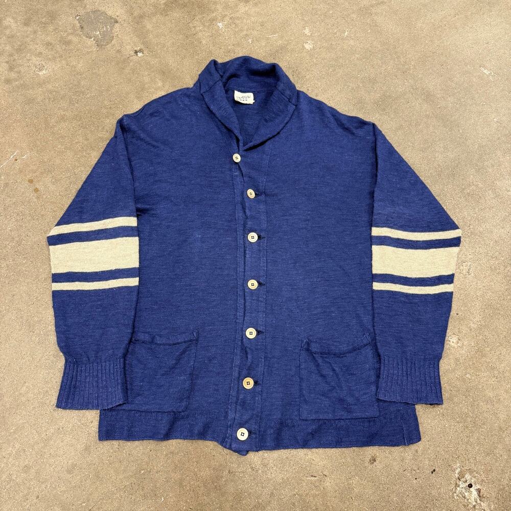 SDL 45R Varsity Stripe Knitted Shawl Collar Cardigan Sweater Japan Large Blue